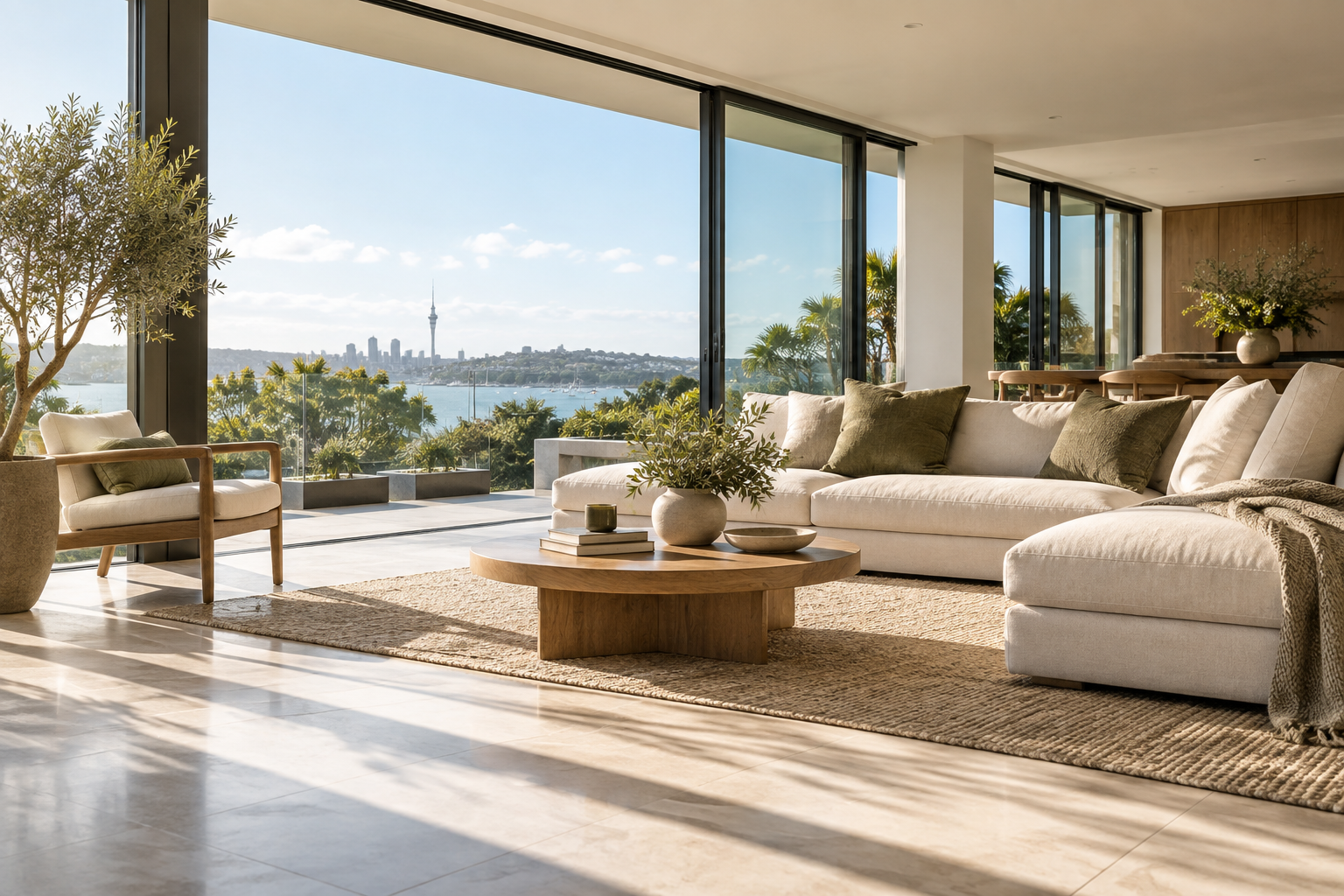 Sunlit living room with natural finishes and olive cushions